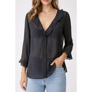 Victoria's Secret Black Sheer Frill Button Up Small